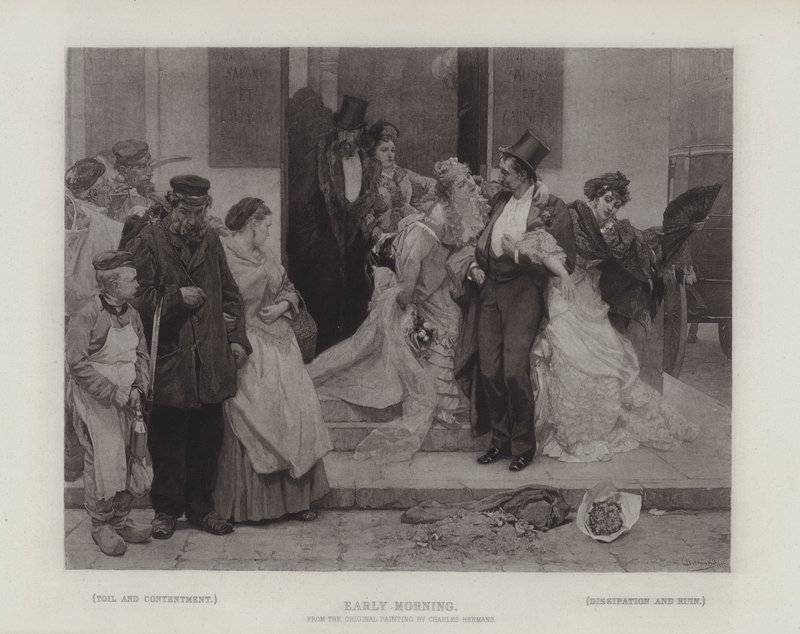Mattina presto, mostrando il contrasto tra: Fatica e contentezza; e Dissipazione e rovina (incisione) da Charles Hermans