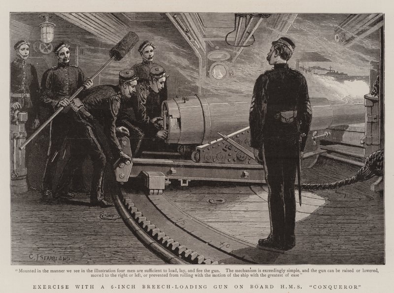 Esercizio con un cannone a retrocarica da 6 pollici a bordo della HMS Conqueror da Charles J. Staniland