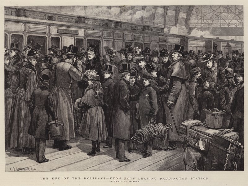 La fine delle vacanze, ragazzi di Eton che lasciano la stazione di Paddington da Charles J. Staniland