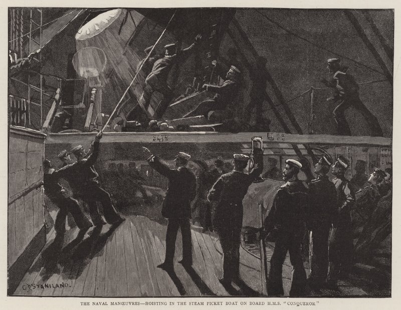 Le manovre navali, issando la barca a vapore a bordo della HMS Conqueror da Charles J. Staniland
