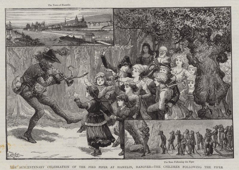 La celebrazione del seicentenario del Pifferaio Magico a Hamelin, Hannover, i bambini che seguono il Pifferaio da Charles J. Staniland