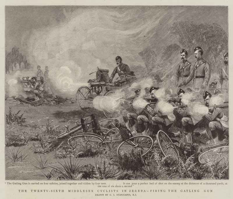 Il ventiseiesimo ciclista del Middlesex a Zereba, sparando con la mitragliatrice Gatling da Charles J. Staniland