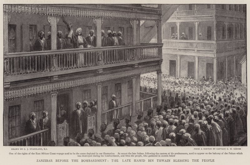 Zanzibar prima del bombardamento, il defunto Hamid Bin Thwain che benedice il popolo da Charles J. Staniland