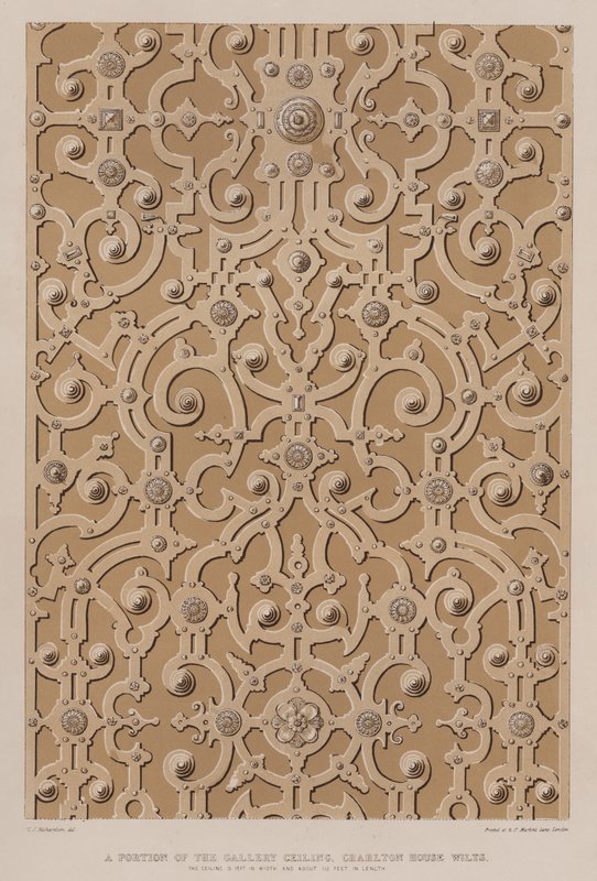 Una parte del soffitto della galleria, Charlton House, Wilts, il soffitto è largo 17 piedi e lungo circa 115 piedi (litografia a colori) da Charles James Richardson