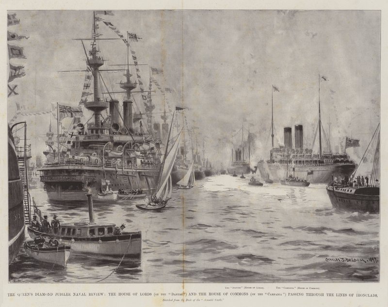 La rassegna navale del Giubileo di Diamante della Regina, la Camera dei Lord (sul Danubio) e la Camera dei Comuni (sulla Campania) che passano attraverso le linee di corazzate da Charles John de Lacy