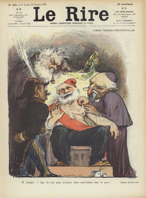 Il presidente Loubet di Francia viene tatuato. Illustrazione per Le Rire da Charles Leandre