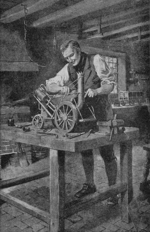 George Stephenson che lavora a un modello del suo Rocket, la locomotiva che ha reso possibile la ferrovia da Charles Mills (after) Sheldon