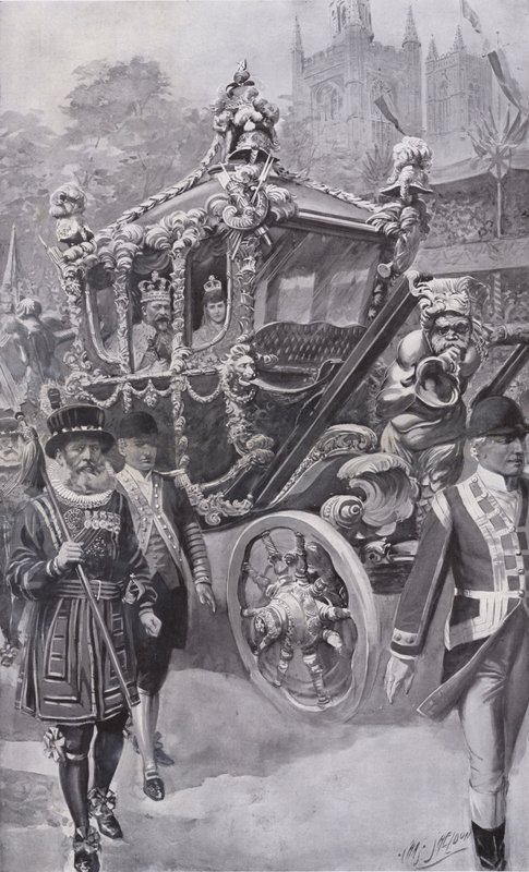 Re Edoardo VII e la regina Alessandra nella carrozza di stato di ritorno dalla loro incoronazione nell