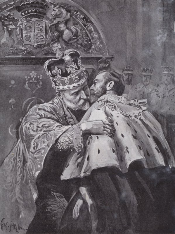 Re Edoardo VII che abbraccia suo figlio, il Principe di Galles, all