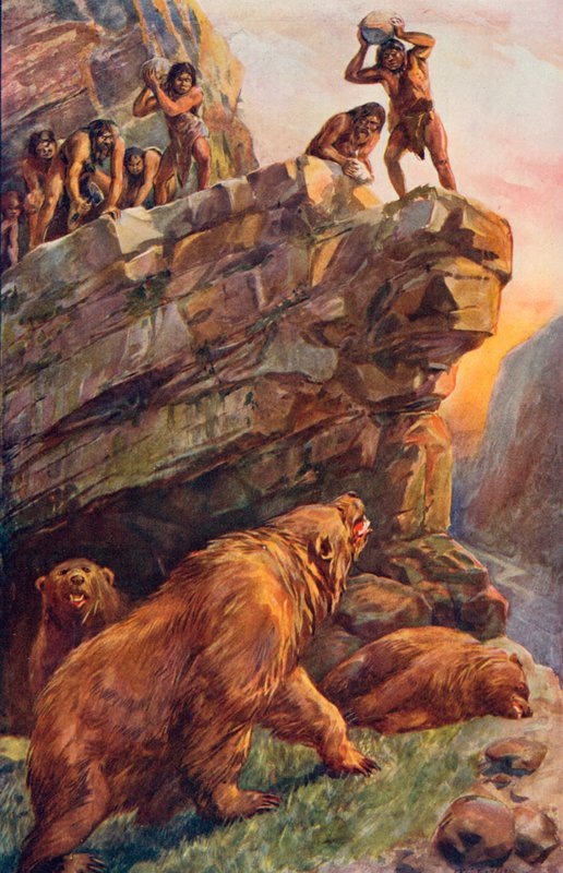 Uomini preistorici che attaccano i grandi orsi delle caverne da Charles Mills Sheldon