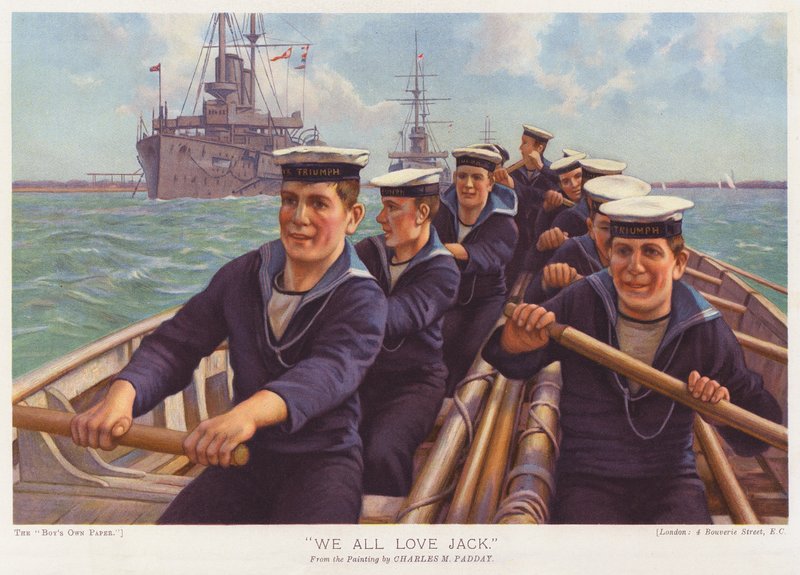 Marinai della HMS Triumph attraversano un porto a remi (litografia a colori) da Charles Murray (after) Padday