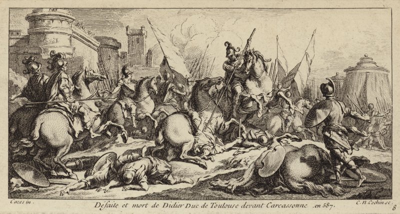 Sconfitta e morte di Didier di Tolosa davanti a Carcassonne, 587 (incisione) da Charles Nicolas II Cochin