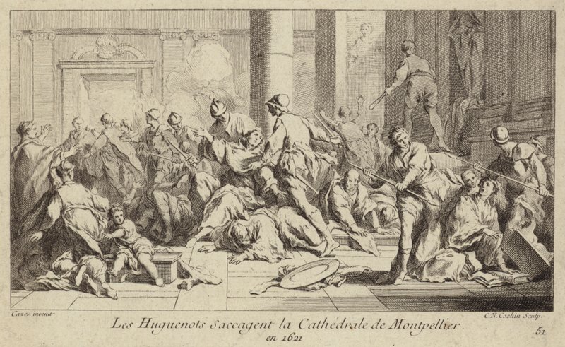 Gli ugonotti saccheggiano la cattedrale di Montpellier, Francia, 1621 da Charles Nicolas II Cochin