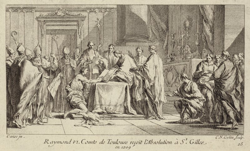 Raimondo VI, conte di Tolosa, si umilia nella chiesa di St Gilles per ottenere la revoca della scomunica da Charles Nicolas II Cochin