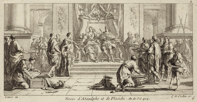 Matrimonio di Galla Placidia e Ataulfo, Re dei Visigoti, Narbona, 414 (incisione) da Charles Nicolas II Cochin
