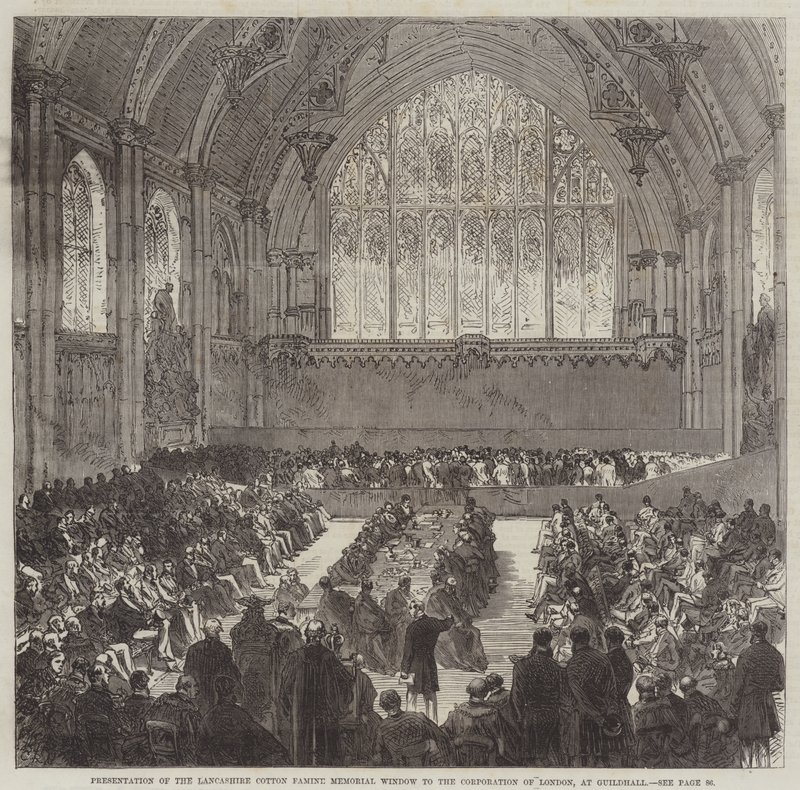 Presentazione della Finestra Commemorativa della Carestia del Cotone del Lancashire alla Corporazione di Londra, alla Guildhall da Sir John Charles Robinson