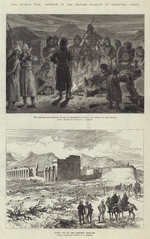 La guerra afgana, difesa della posizione britannica a Sherpore, Kabul da Sir John Charles Robinson