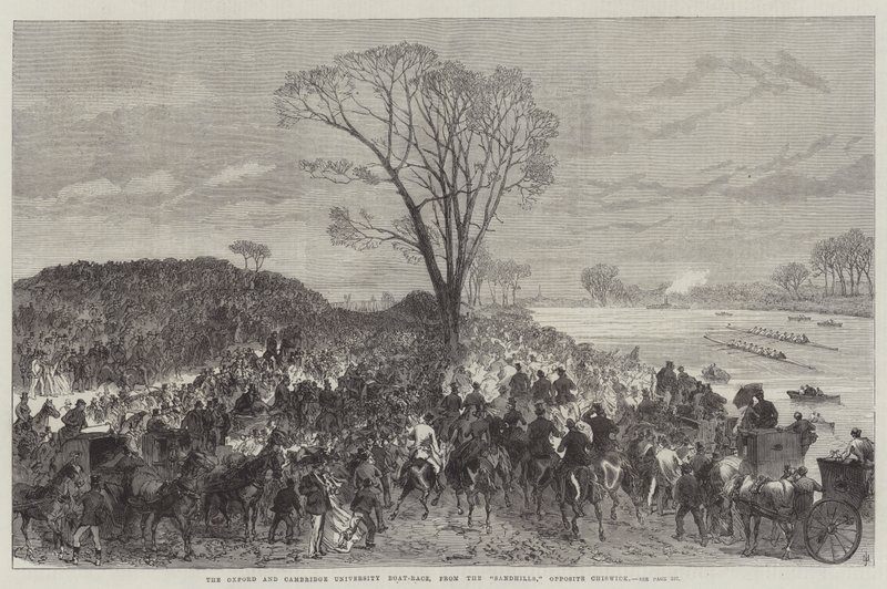 La gara di canottaggio tra Oxford e Cambridge, dalle Sandhills, di fronte a Chiswick da Sir John Charles Robinson