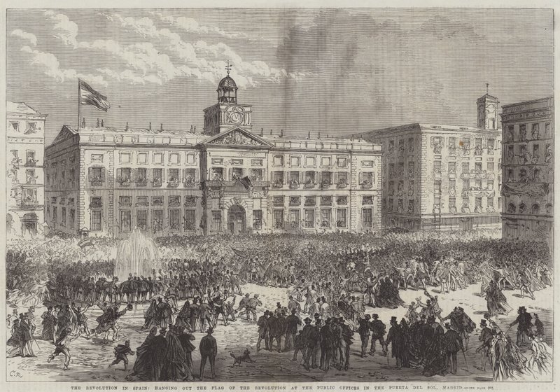 La rivoluzione in Spagna, issare la bandiera della rivoluzione negli uffici pubblici della Puerta del Sol, Madrid da Sir John Charles Robinson