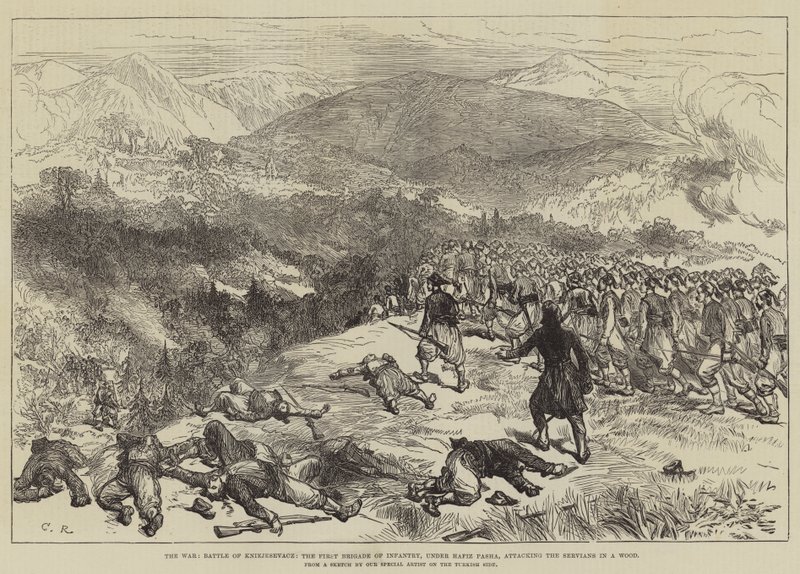 La Guerra, Battaglia di Kniejesevacz, la Prima Brigata di Fanteria, sotto Hafiz Pasha, attacca i Serbi in un Bosco da Sir John Charles Robinson