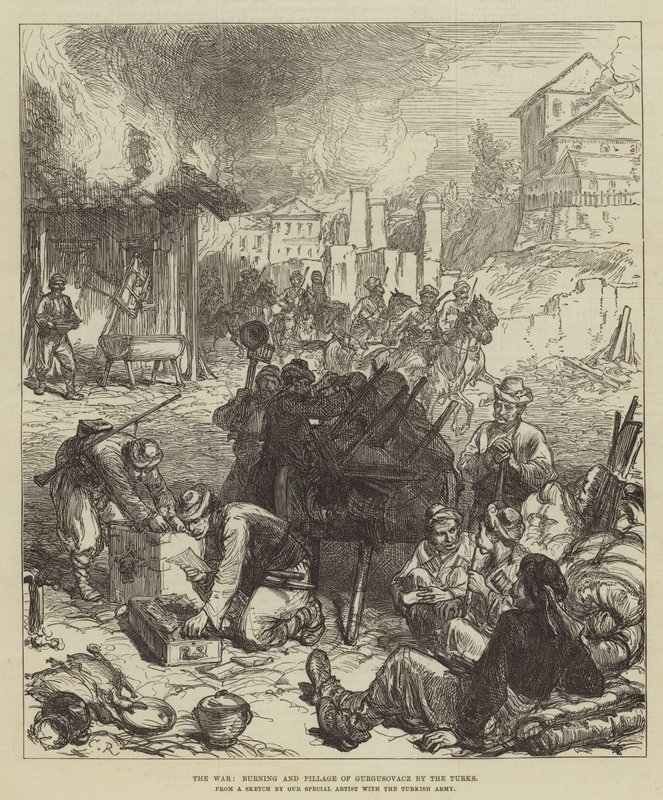 La Guerra, incendio e saccheggio di Gurgusovacz da parte dei Turchi da Sir John Charles Robinson