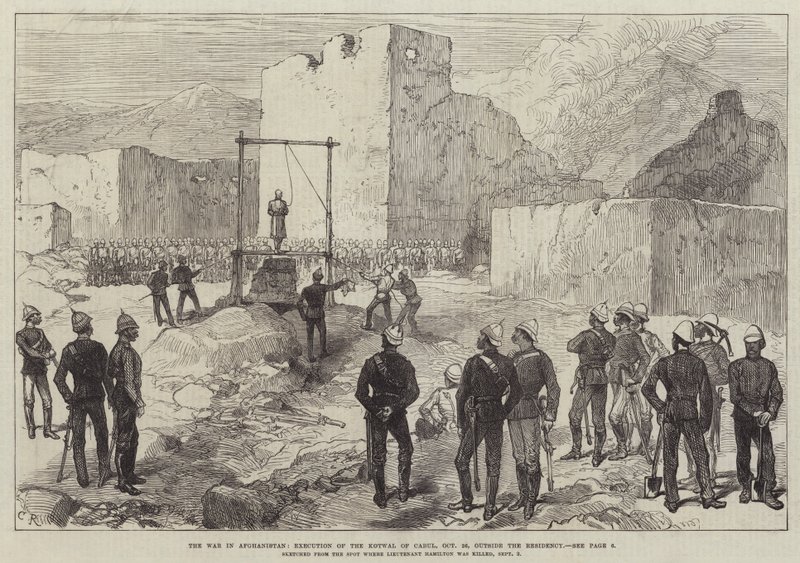 La guerra in Afghanistan, esecuzione del Kotwal di Cabul, 26 ottobre, fuori dalla Residenza da Sir John Charles Robinson