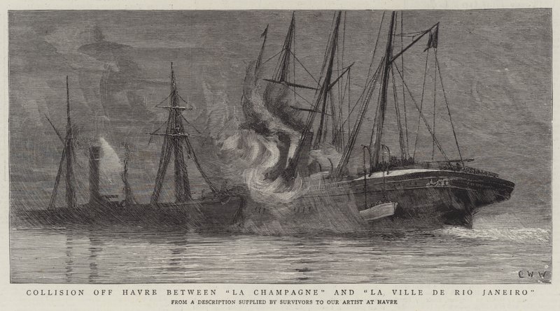 Collisione al largo di Havre tra La Champagne e La Ville de Rio Janeiro da Charles William Wyllie