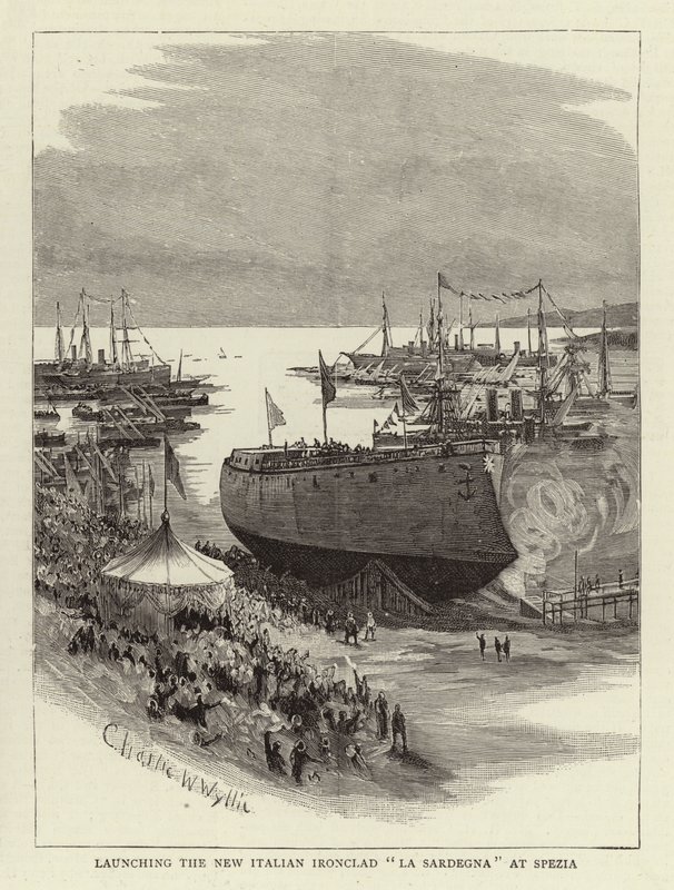 Varo della nuova corazzata italiana La Sardegna a Spezia da Charles William Wyllie
