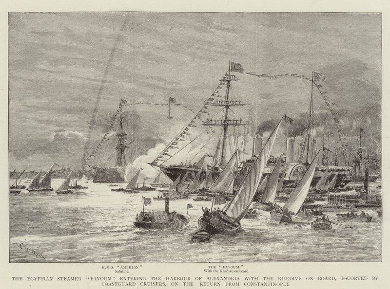 Il Vapore Egiziano Fayoum entra nel Porto di Alessandria con a bordo il Chedivè, scortato da Incrociatori della Guardia Costiera, al Ritorno da Costantinopoli da Charles William Wyllie