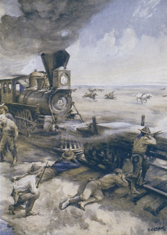 Un treno che attraversa le praterie attaccato dagli indiani americani da Christopher Clark