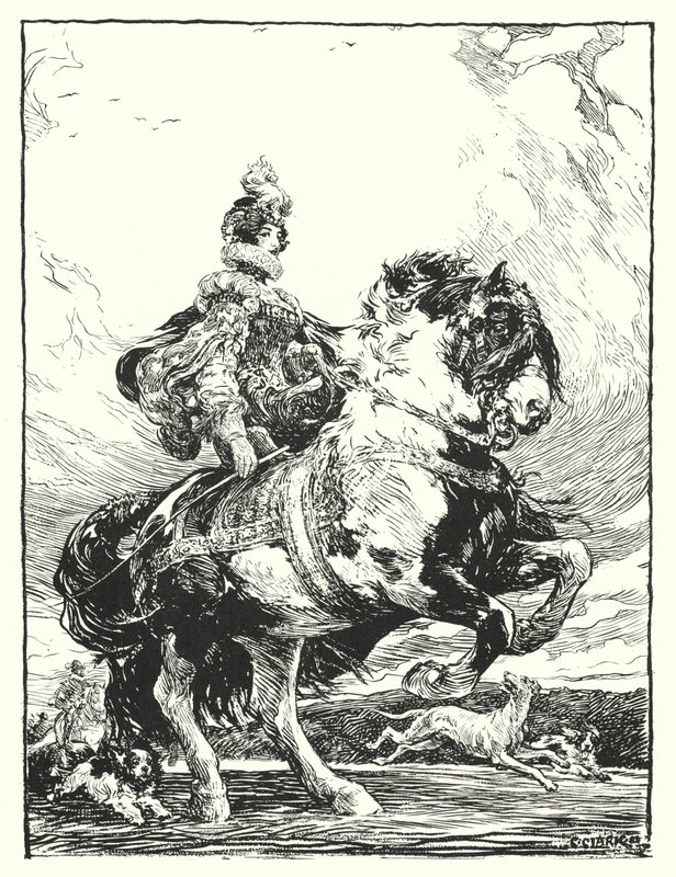 Donna in costume Tudor a caccia a cavallo (litografia) da Christopher (after) Clark