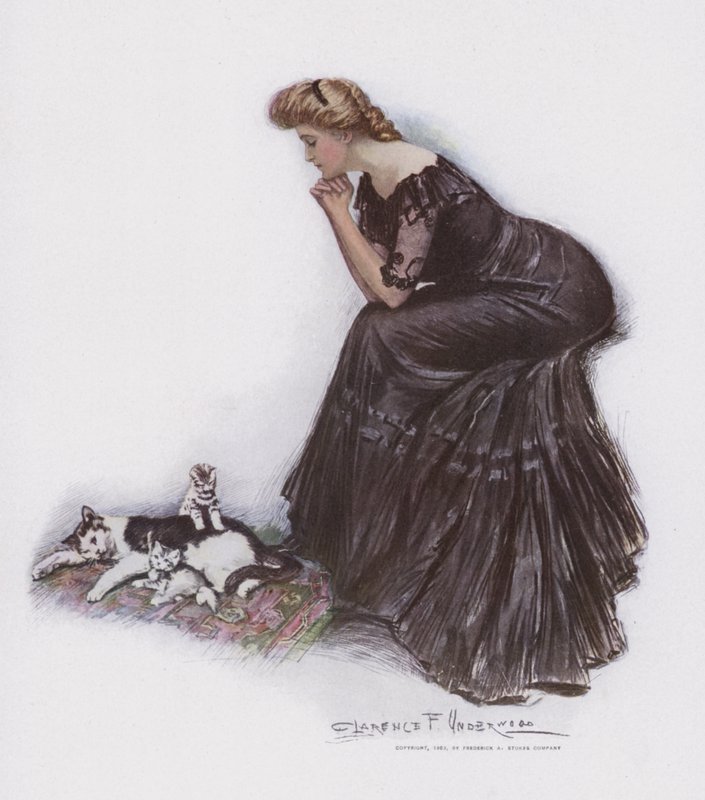 Donna che osserva un gatto e i suoi gattini da Clarence F. Underwood