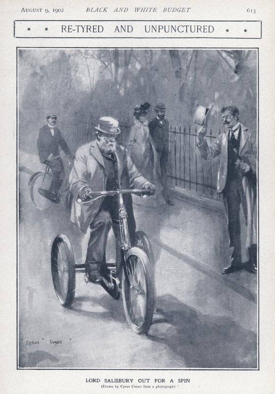 Il politico conservatore inglese e Primo Ministro Lord Salisbury in bicicletta da Cyrus Cuneo