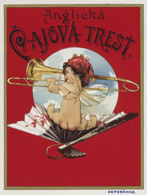 Etichetta del prodotto raffigurante un cherubino che suona un trombone da Czech School