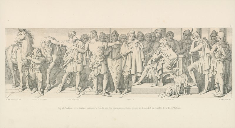 Guy di Ponthieu concede ulteriore udienza a Harold e ai suoi compagni, la cui liberazione è richiesta dagli araldi del Duca Guglielmo da Daniel Maclise