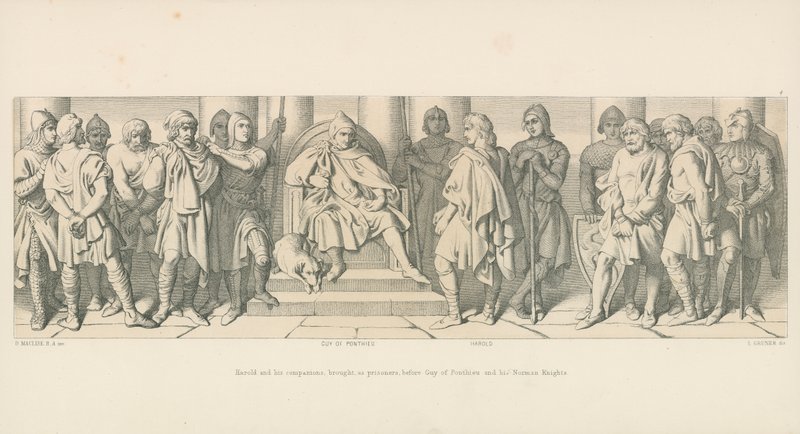 Harold e i suoi compagni, portati come prigionieri davanti a Guy di Ponthieu e ai suoi cavalieri normanni da Daniel Maclise