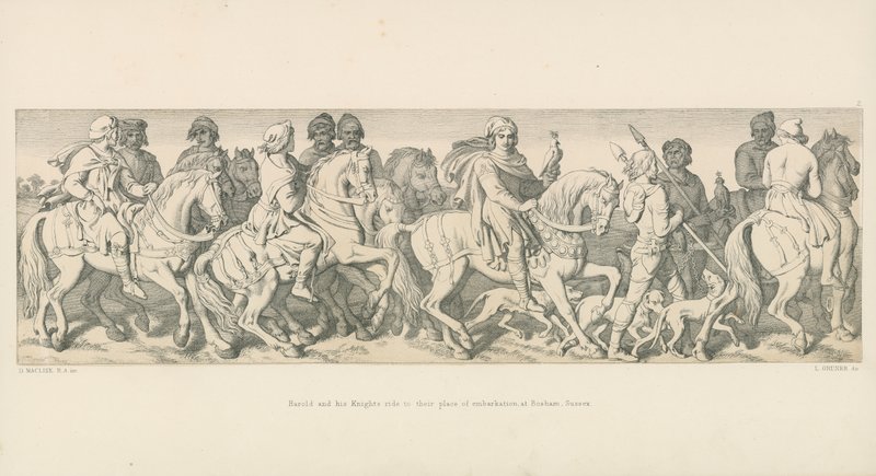 Harold e i suoi cavalieri cavalcano verso il loro luogo di imbarco, a Bosham, Sussex da Daniel Maclise