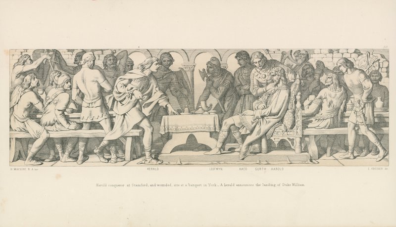 Harold conquistatore a Stamford, e ferito, siede a un banchetto a York. Un araldo annuncia lo sbarco del duca Guglielmo da Daniel Maclise