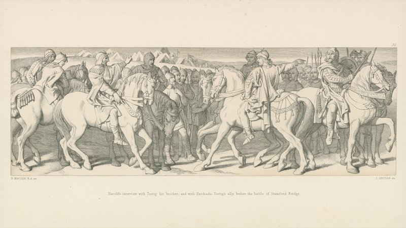 Intervista di Harold con Tostig suo fratello, e con Hardrada, alleato di Tostig, prima della Battaglia di Stamford Bridge da Daniel Maclise