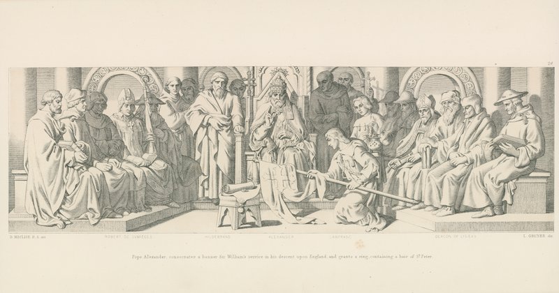 Papa Alessandro consacra uno stendardo per il servizio di Guglielmo nella sua discesa in Inghilterra e concede un anello contenente un capello di San Pietro da Daniel Maclise
