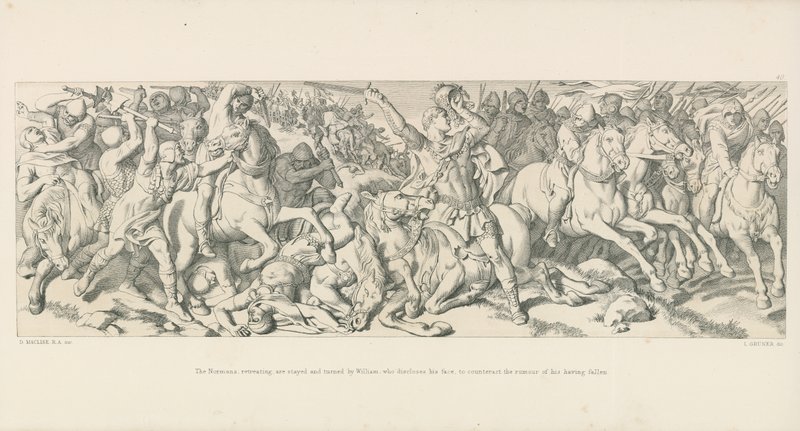 I Normanni, in ritirata, vengono fermati e girati da Guglielmo, che scopre il suo volto per contrastare la voce della sua caduta da Daniel Maclise