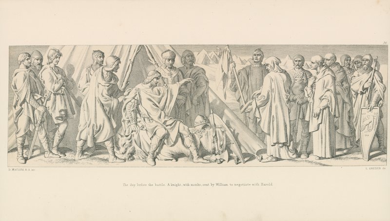 Il giorno prima della battaglia. Un cavaliere, con monaci, inviato da Guglielmo a negoziare con Harold da Daniel Maclise