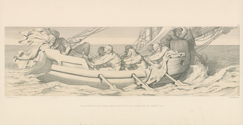 Tostig, sconfitto nel suo tentativo contro Harold, fugge nella sua galea dalla costa inglese da Daniel Maclise