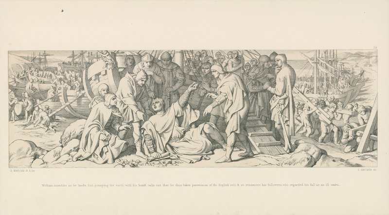 Guglielmo inciampa mentre sbarca, ma, afferrando la terra con la mano, dichiara di prendere possesso del suolo inglese, rassicurando così i suoi seguaci, che consideravano la sua caduta un cattivo presagio da Daniel Maclise