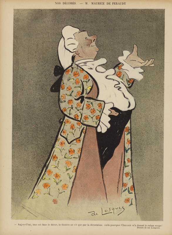 Maurice de Feraudy, cantautore e attore francese. Illustrazione per Le Rire da Daniel de Losques