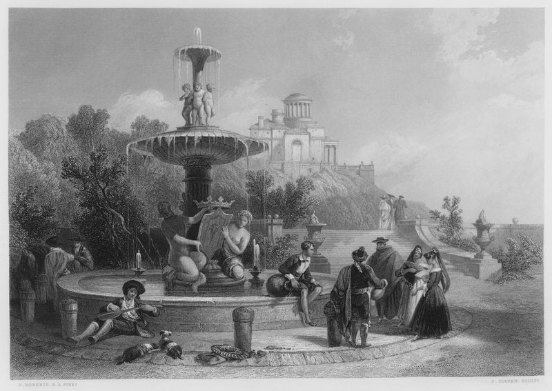La fontana a Madrid, dal quadro nella Collezione Reale da David (after) Roberts
