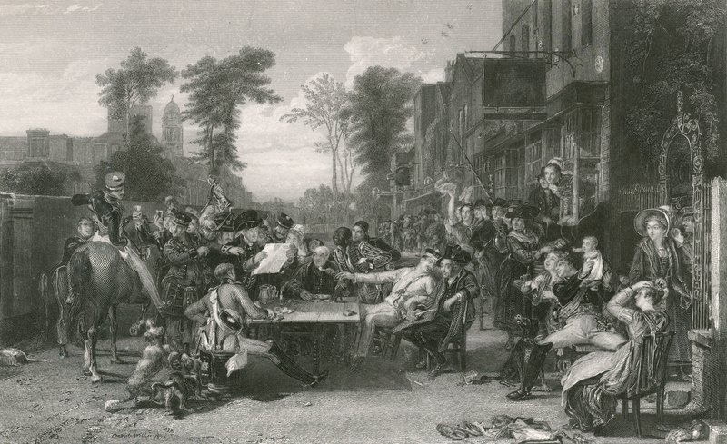 Pensionati di Chelsea che leggono la gazzetta della Battaglia di Waterloo da David (after) Wilkie
