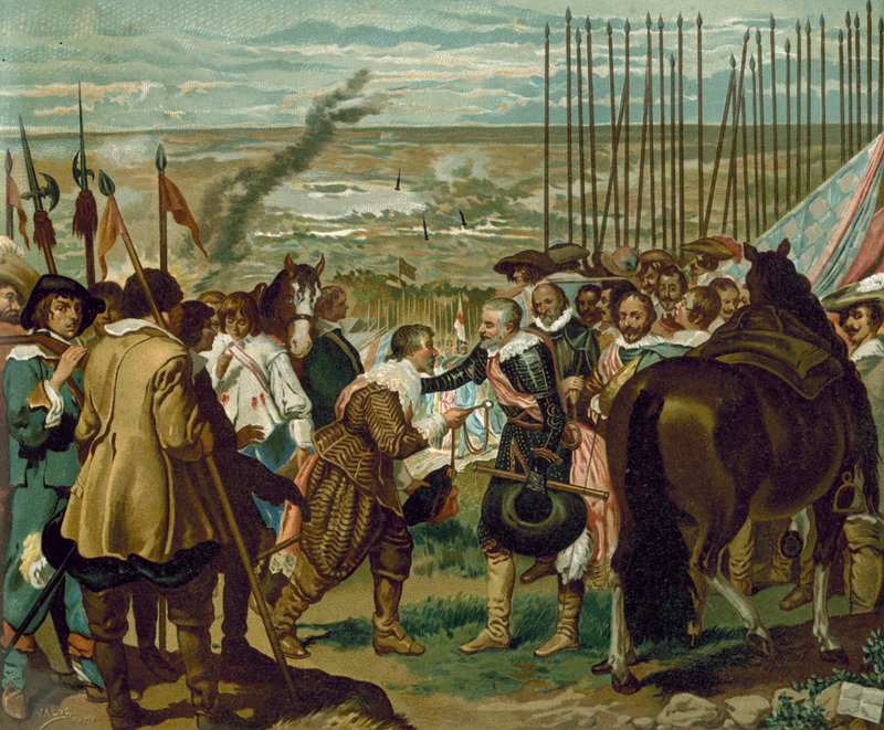 La resa di Breda, Paesi Bassi, 1625 (cromolitografia) da Diego Velázquez