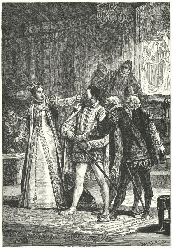 Il conte di Essex minaccia di sguainare la spada dopo che la Regina Elisabetta I lo ha schiaffeggiato per la sua insolenza, 1598 da Diogene Ulysse Napoleon Maillart
