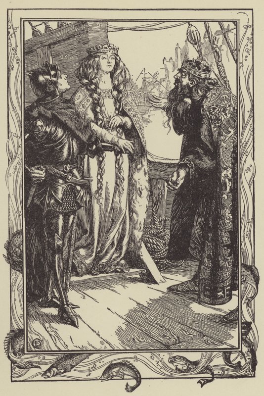 Re Anguish dà Isolt a Sir Tristram (litografia) da Dora Curtis